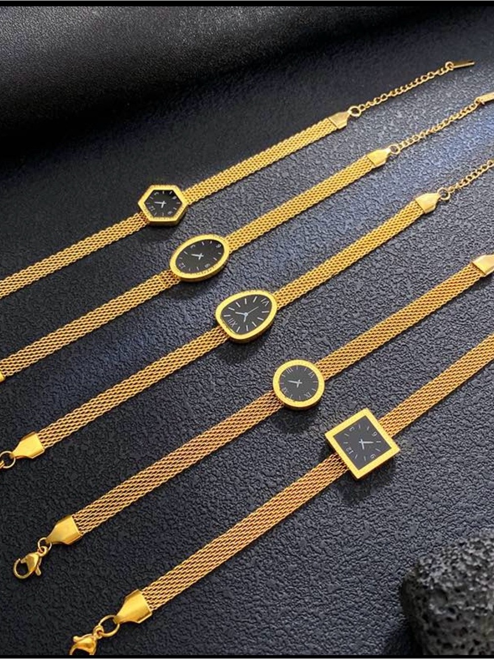 Gold-Tone Black Dial Mesh Bracelet- Women Accessories